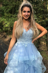 Blue Princess Sweet 16 Dress, Spaghetti Straps Tiered Graduation Prom Dress