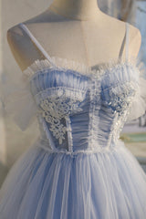 Blue Tulle Lace Short Sweet 16 Princess Homecoming Dress with Bowknot