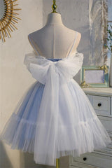 Blue Tulle Lace Short Sweet 16 Princess Homecoming Dress with Bowknot