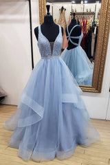Blue Deep V-Neck Tulle Long Prom Party Dress