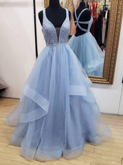 Blue Deep V-Neck Tulle Long Prom Party Dress