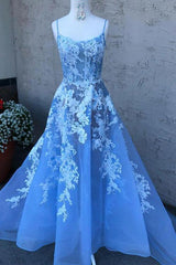 Blue Spaghetti Straps Tulle Lace Long Prom Dress with Appliques