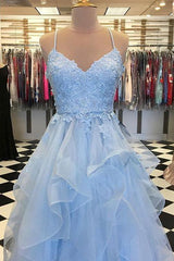 Blue Layered Tulle Long Prom Dress for 8th Grade Graduation
