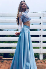Blue Two-Piece Long Sleeve Lace Prom Dress