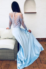 Blue Two-Piece Long Sleeve Lace Prom Dress
