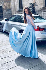 Blue Two-Piece Long Sleeve Lace Prom Dress