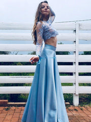 Blue Two-Piece Long Sleeve Lace Prom Dress