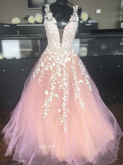 Blush Pink V-Neck Applique Long Prom Dress