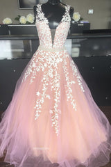 Blush Pink V-Neck Applique Long Prom Dress