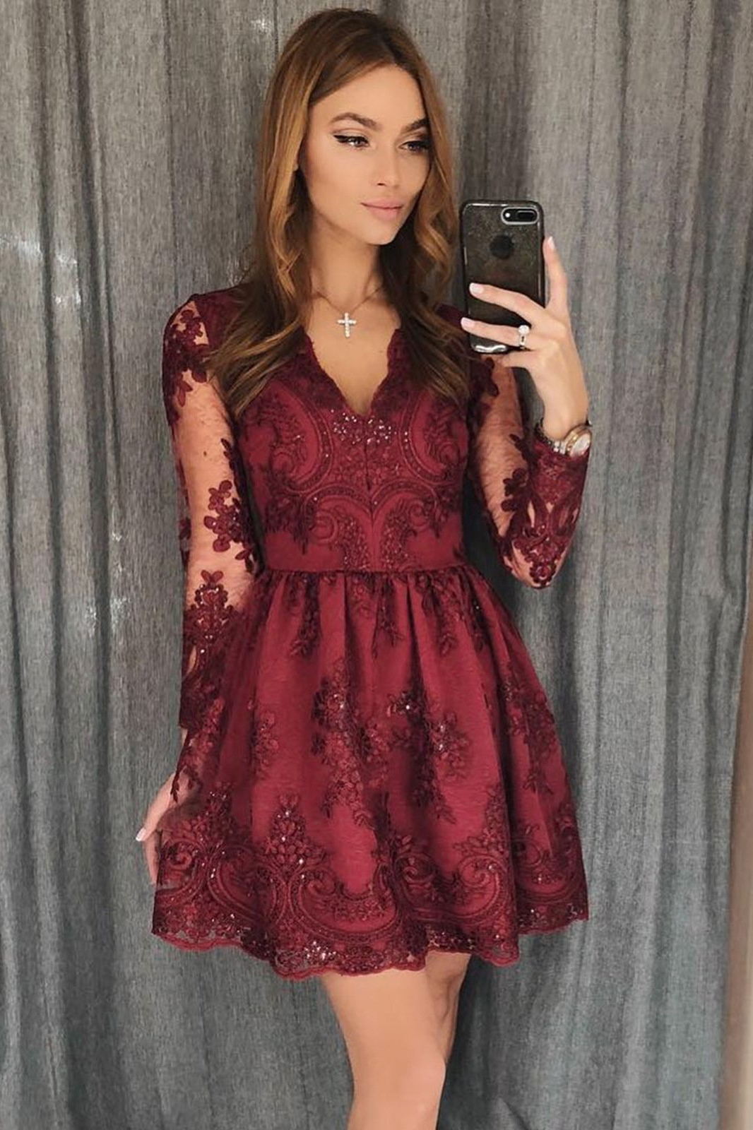 Burgundy Lace Long-Sleeve Short Prom Homecoming Dress