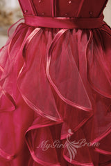 Burgundy Spaghetti Straps Short Prom Dress, Puffy Homecoming Dress