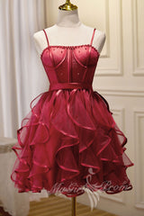 Burgundy Spaghetti Straps Short Prom Dress, Puffy Homecoming Dress