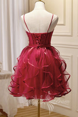 Burgundy Spaghetti Straps Short Prom Dress, Puffy Homecoming Dress
