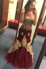 Burgundy Gold Applique Mermaid Graduation Party Dress