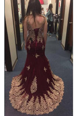 Burgundy Gold Applique Mermaid Graduation Party Dress