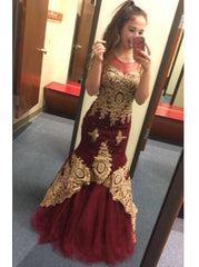 Burgundy Gold Applique Mermaid Graduation Party Dress