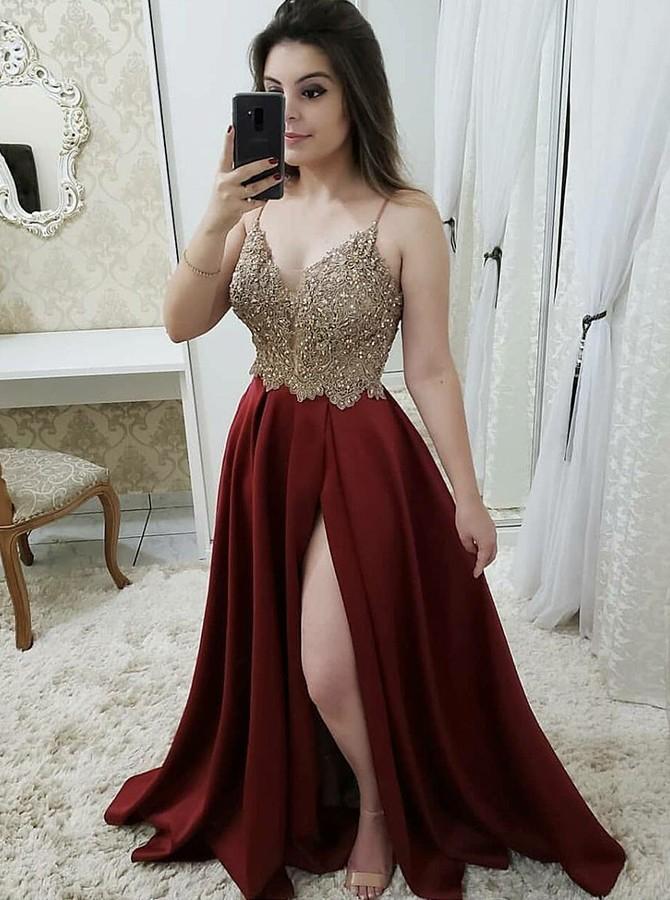 Burgundy A-Line Spaghetti Straps Slit Long Prom Dress