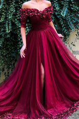 Burgundy Prom Dress Off-Shoulder Half Sleeves Tulle with Appliques Dress