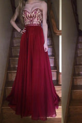 Burgundy Sweetheart Beaded Bodice Long Prom Dress