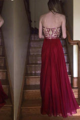 Burgundy Sweetheart Beaded Bodice Long Prom Dress
