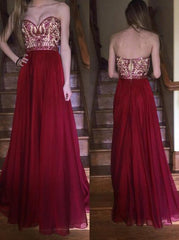 Burgundy Sweetheart Beaded Bodice Long Prom Dress