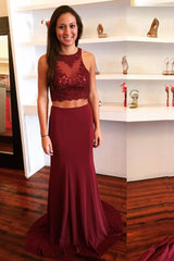 Burgundy Two-Piece Prom Dress with Keyhole Back and Lace Appliques