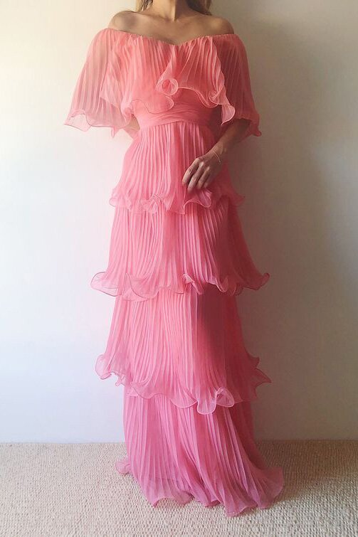 Cap Sleeve Pink Pleated Chiffon Tiered Prom Dress