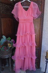 Cap Sleeve Pink Pleated Chiffon Tiered Prom Dress