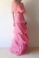 Cap Sleeve Pink Pleated Chiffon Tiered Prom Dress