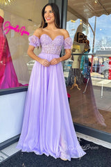 Charming A-Line Sweetheart Lavender Chiffon Prom Dress with Lace