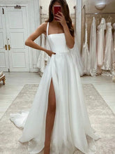 Charming White A-Line Beach Long Wedding Dress, Simple Slit Wedding Dress