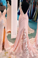 Charming Backless Long Pink Mermaid Prom Dress with Split