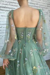Charming Floral Ankle-Length A-Line Long Sleeve Prom Party Dress