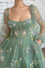 Charming Floral Ankle-Length A-Line Long Sleeve Prom Party Dress