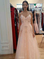 Charming A-Line Blush Pink Beaded Long Prom Dress for Teens