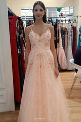 Charming A-Line Blush Pink Beaded Long Prom Dress for Teens