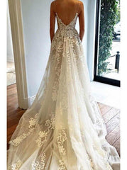 Boho Lace Applique Spaghetti Strap Beach Wedding Dress