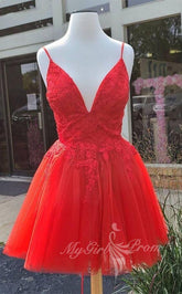 Chic A-Line Red Appliques Lace Homecoming Dresses, Tulle Short Prom Dress