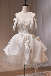 Chic Spaghetti Straps Homecoming Dress with Lace, Short Party Dress with Bowknot