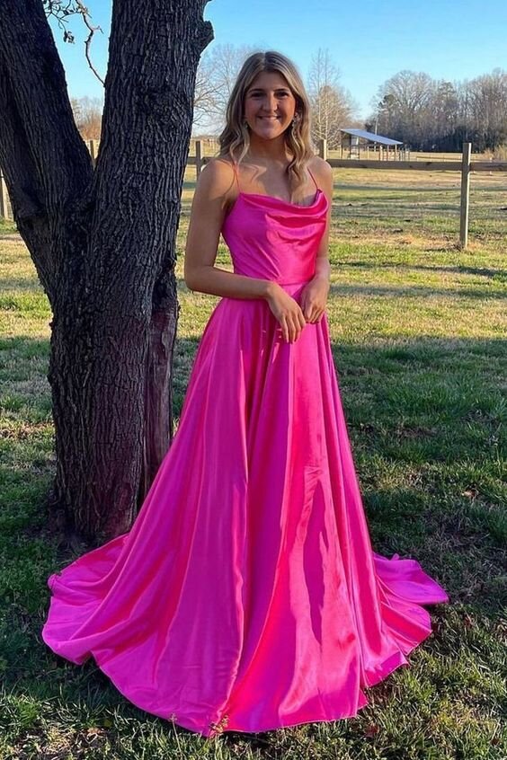 Cowl Neck Hot Pink Spaghetti Straps A-Line Satin Prom Dress