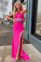 Cross-Front Beaded Fringe Hot Pink Long Prom Dress with Slit