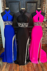 Cross-Front Beaded Fringe Hot Pink Long Prom Dress with Slit