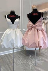 Cute A-Line V-Neck Short Homecoming Dresses with Bow, Satin Party Dress
