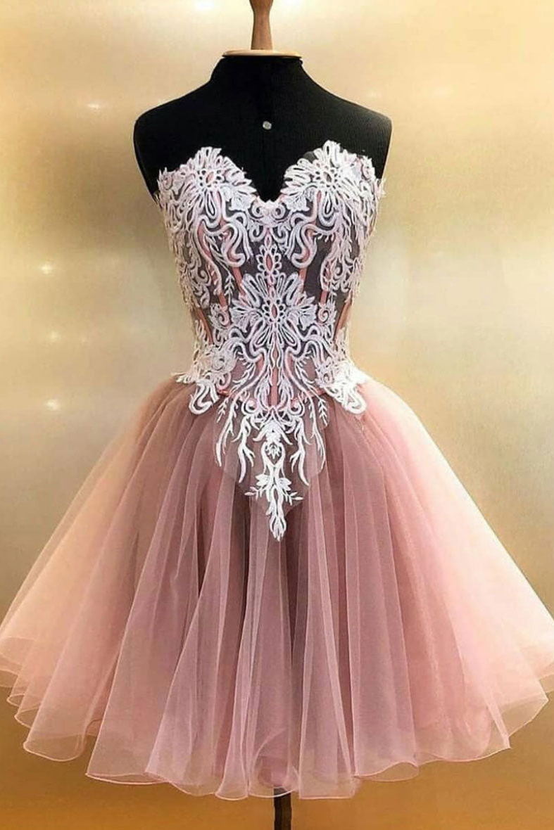 Cute Ivory Lace Pink Tulle Sweetheart Short Prom Homecoming Dress