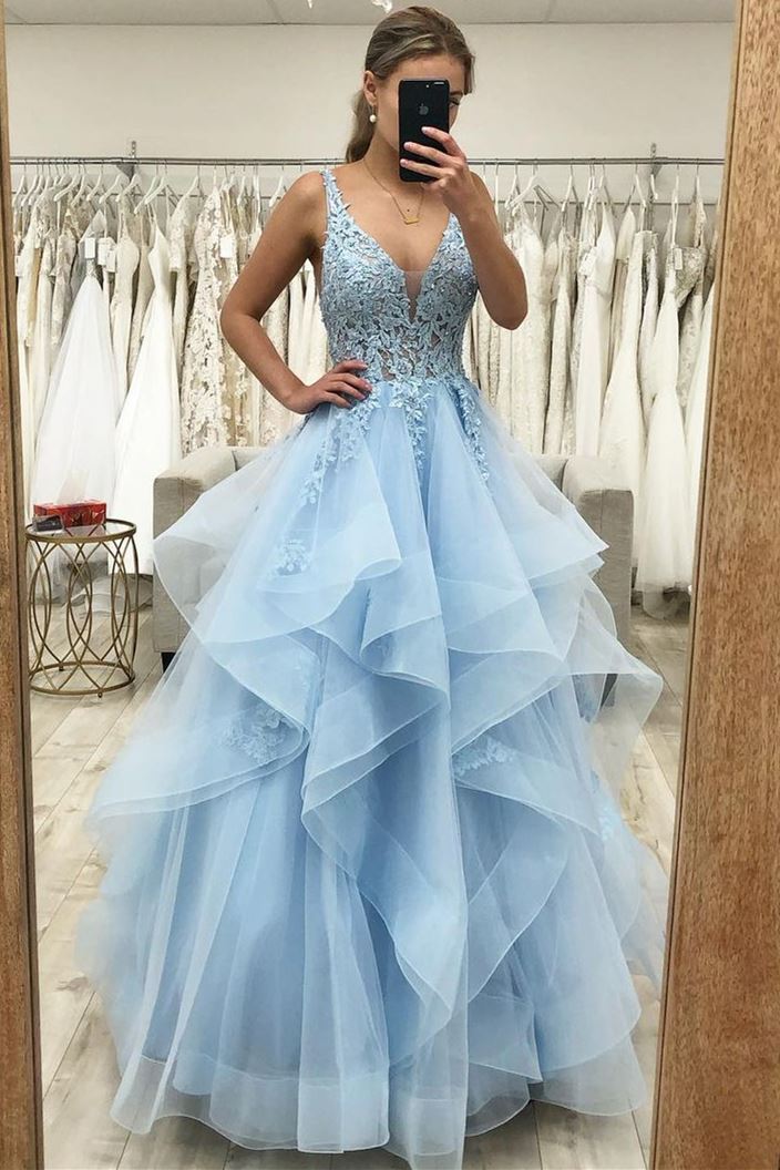 Blue Lace A-Line Ruffles Tulle Long Prom Dress, Princess Sweet 16 Dress