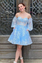 Detachable Sleeve Sky Blue Lace Corset A-Line Short Homecoming Dress