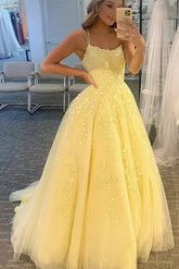Daffodil Tulle Long Prom Dresses, Floral Appliques Formal Evening Dress