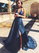 Dark Blue Lace Long Prom Dress, V-Neck Backless Evening Dress