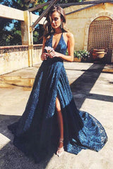 Dark Blue Lace Long Prom Dress, V-Neck Backless Evening Dress