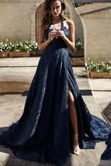 Dark Blue Lace Long Prom Dress, V-Neck Backless Evening Dress